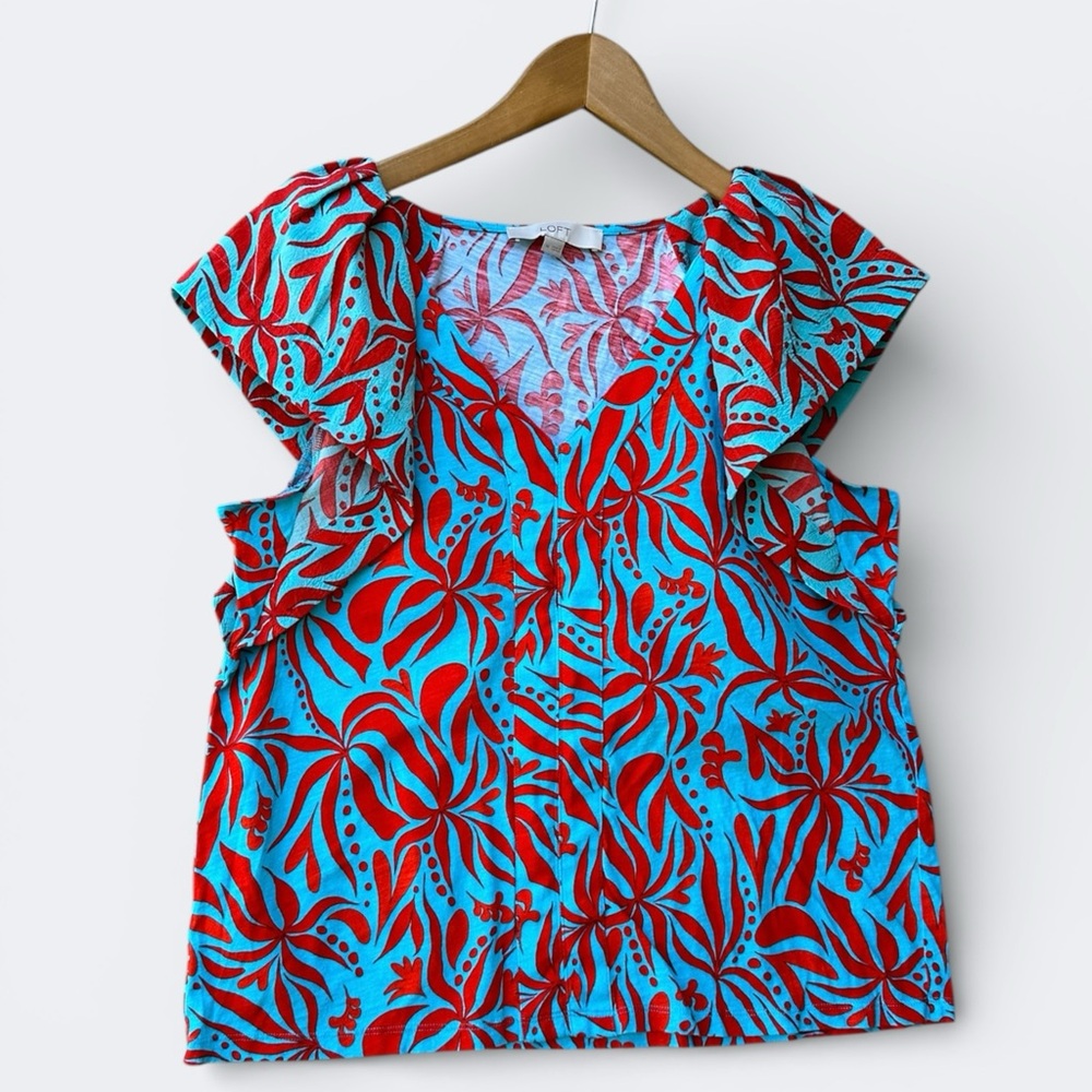 LOFT Red and Turquoise Floral Ruffle Sleeve Blouse